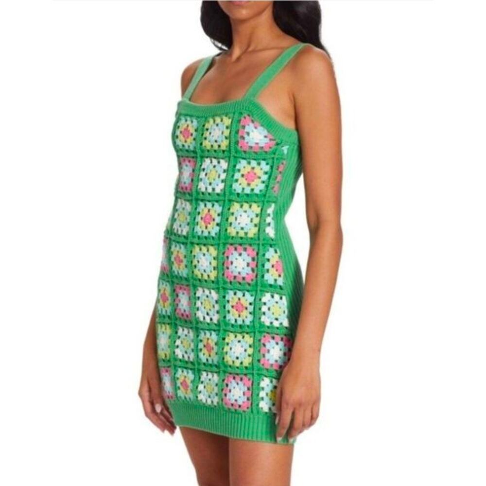 Design History Cotton Granny Square Patch Crochet Green Ribbed Mini Dress Small